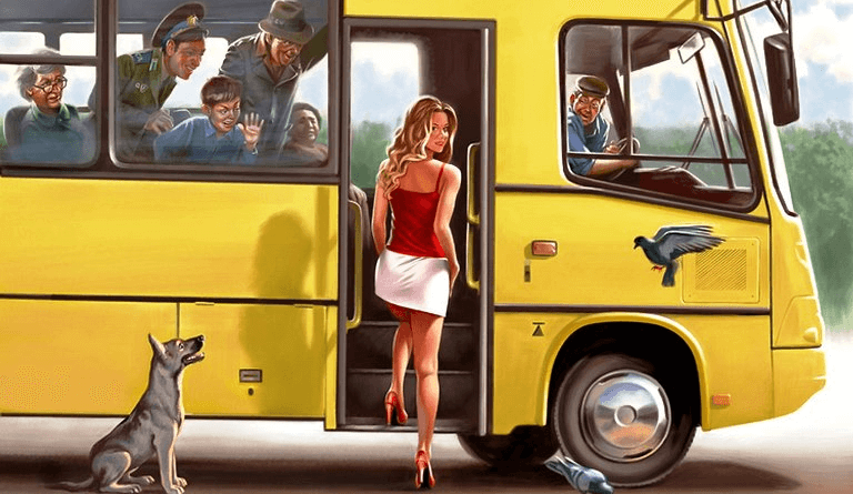 Коли автобус зупинився, і настала черга жінки заходити, вона зрозуміла, що її спідниця надто вузька, щоб вона могла підняти ногу на висоту першої сходинки автобуса…