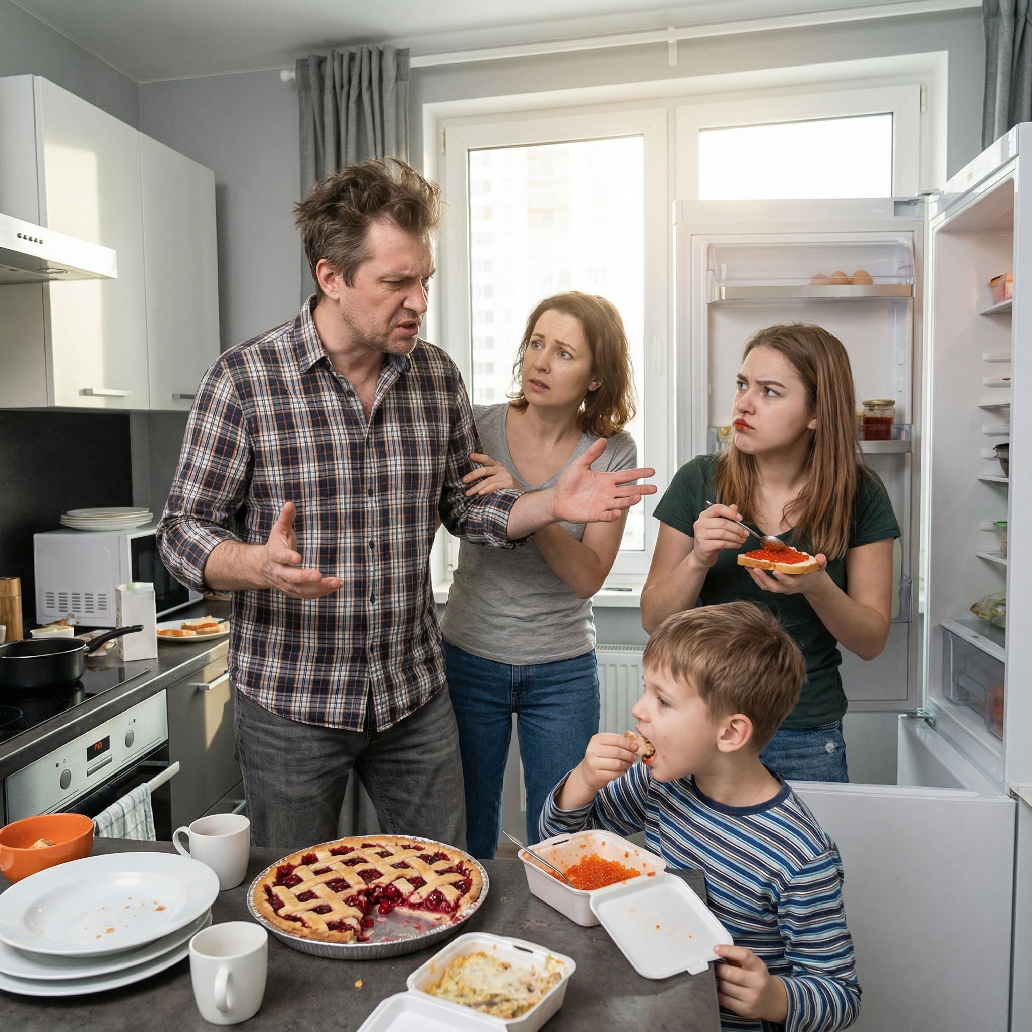 Дорогі гості, а вам не здається, що ви вже обжерлися? Це вам не безкоштовний ресторан! У який вже раз Ілля повертався додому і розумів, що холодильник практично порожній. Хоча вчора він ще був повний. У його дружини Ольги була звичка все купувати завчасно і готувати своєчасно. Ось тільки ротів у їхній родині несподівано додалося. Ілля зайшов на кухню і зрозумів, що дуже голодний. Сьогодні на роботі було засідання, яке тривало понад дві години. А потім ще треба було здати місячний звіт. Одним словом — зовсім не до обіду було. Сподівався, що Оля приготувала щось смачне. Але, як виявилось, їжі майже не залишилось. Лише засохлий шматок вишневого пирога лежав на столі. Олю, а в цьому домі є що поїсти? — запитав чоловік, дивлячись на порожню брудну каструлю у раковині. Так, супчик був… Там на плиті. Оцей? — показав Ілля на посуд. Ой, мабуть, усе з’їли, — винувато подивилась на чоловіка Ольга. Вони знову сюди притащились? Справа була в тому, що вже не вперше до Ольги навідувалась її рідна тітка з сином. Так склалися обставини, що жінка зв’язалася з одруженим чоловіком і завагітніла. Він сказав, що з дружиною не розлучатиметься за жодних обставин і порадив зробити аборт. Вона відмовилась і вирішила народити дитину для себе. Та з часом зрозуміла, що не справляється. Так, вона працювала. Проте грошей усе одно не вистачало. Щоб дружина колишнього нічого не дізналася, він погодився допомагати, але його подачки залишали бажати кращого. Тут вона й згадала про сердечну родичку, яка ніколи не відмовляла і завжди була готова нагодувати її та дитину. Спочатку Ілля ставився до цього поблажливо і навіть жалів їх. Але потім зрозумів, що ці нахабні родичі почали «сидіти на шиї». Мені набридло, що вони тут їдять на халяву! Я теж не мільярди заробляю і навіть не 100 тисяч гривень, щоб всіх їх годувати, — обурювався Ілля, коли знову помітив, що вони нещодавно були тут. Ілля, ну будь ти добрішим. Такий же, як ти? Ну, так. Ні, уж. На своїй шиї я нікому не дозволю кататися. Я не зобов’язаний їх утримувати. Він відкрив дверцята шафки і спитав: Я, так розумію, що чаю мені попити нема з чим? Тільки вчора купив дорогі цукерки. Потім заглянув у смітник і побачив там купу фантиків. Все зрозуміло. Дякую, люба дружино. Дуже смачно. Продовження історії читайте у першому коментарі