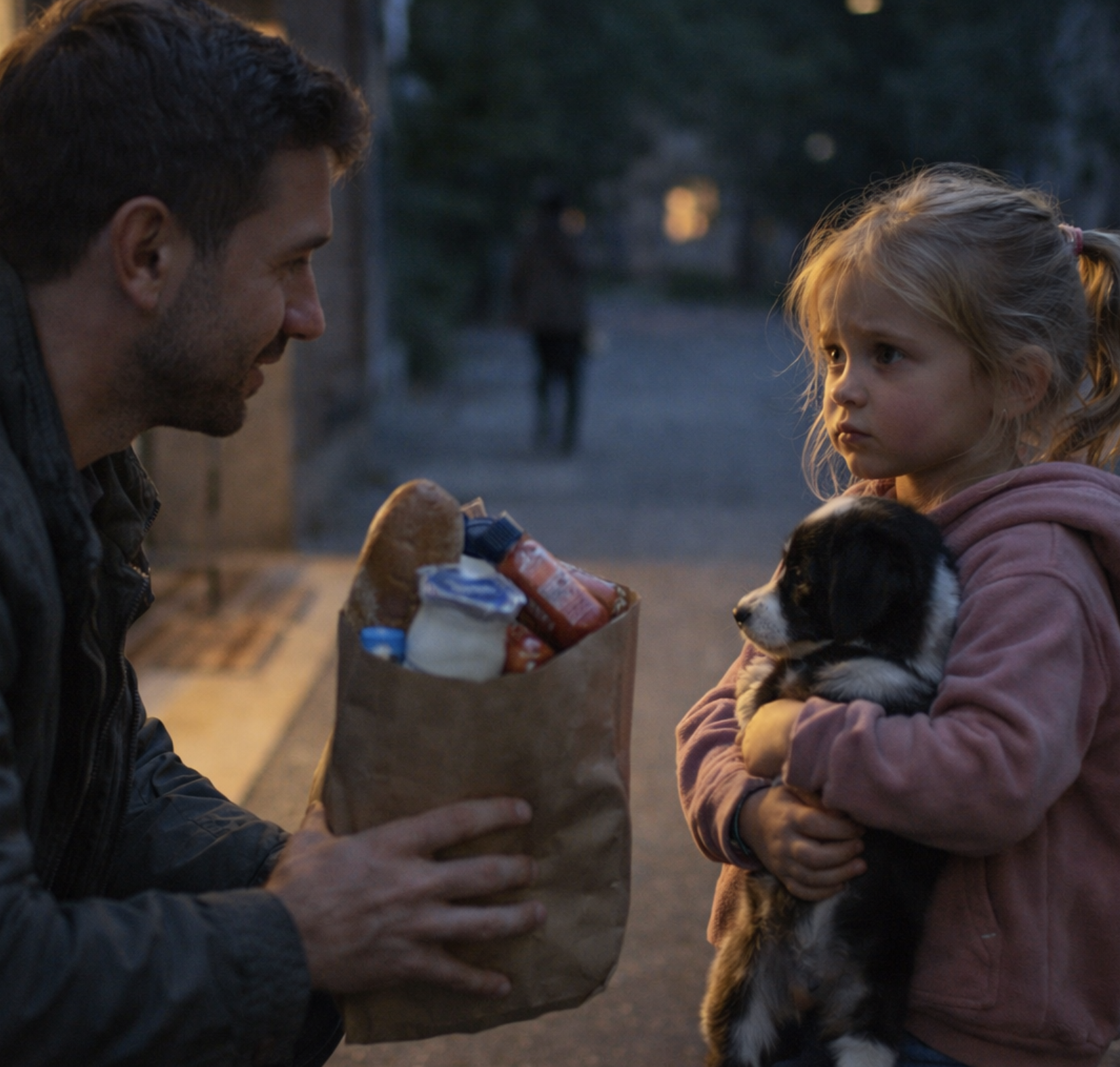 – Тітко, купіть, будь ласка, моєму цуценяті хліба, – Дівчинко, де твоя мама? Ти чому так пізно гуляєш вулицею? Іди додому! – суворо промовила жінка, і увійшла в магазин.Юра, який спостерігав зупинився…– А твій песик їсть хліб?– Так, – Взагалі він ковбаску любить і цукерки. Але коли голодний, то хлібець їсть.– Зрозумів…– Ви зачекайте кілька хвилин, я швидко…