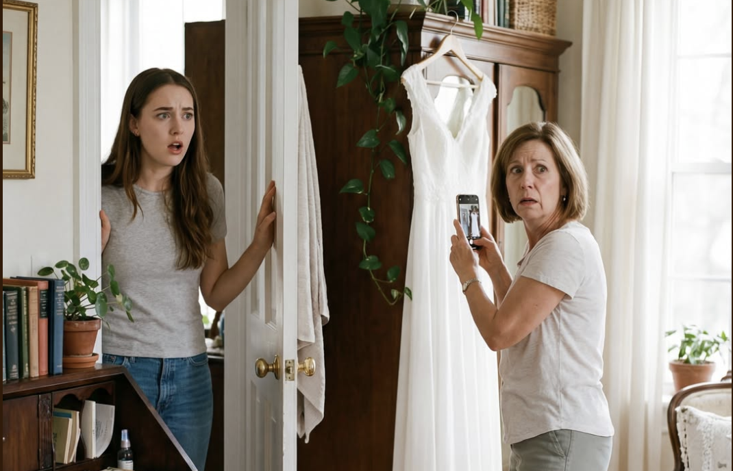 За тиждень до весілля я застала майбутню свекруху у своїй кімнаті — вона таємно фотографувала мою сукню. Здавалося б, дивно, але нешкідливо — або так вона думала. У день урочистостей двері церкви розчахнулися… і ввійшла свекруха в такій самій сукні. Але ніхто не був готовий до того, що зробив наречений.